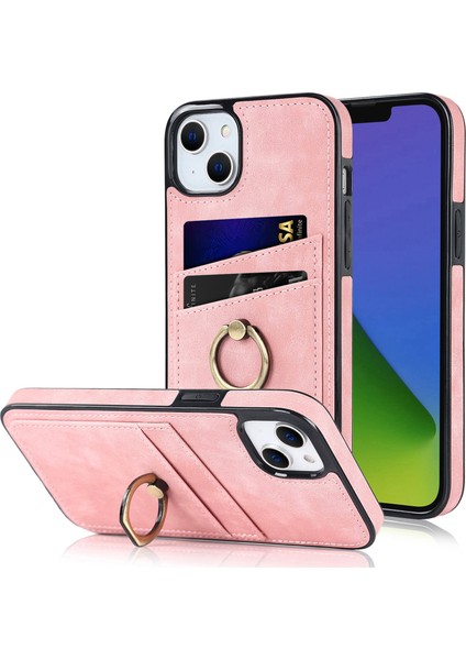 Kart Yuvaları iPhone15 Retro Pu Deri Kaplamalı Tpu Kılıfı ile Telefon Kapağı Yüzük Kickstand-Pink ile (Yurt Dışından)