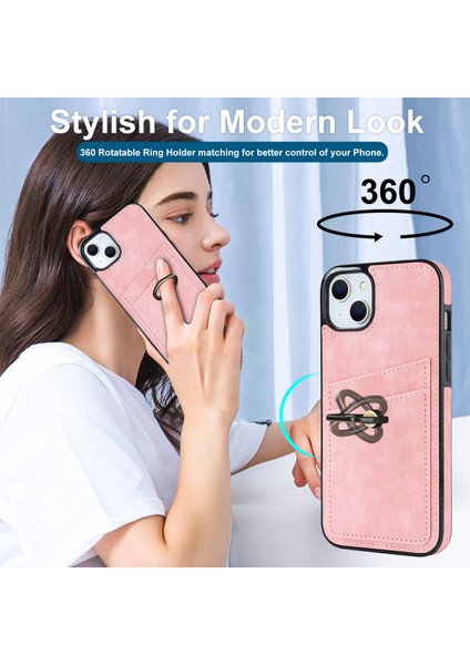 Kart Yuvaları iPhone15 Retro Pu Deri Kaplamalı Tpu Kılıfı ile Telefon Kapağı Yüzük Kickstand-Pink ile (Yurt Dışından) fırsatları
