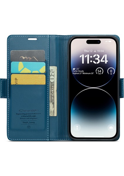 iPhone15 Pro Rfıd Engelleme Deri Stand Cüzdan Kılıfı Litchi Dokusu Parlak Telefon Kapak Mavisi (Yurt Dışından)