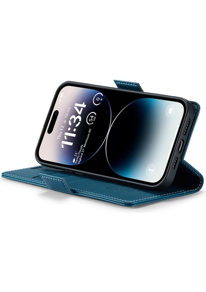 iPhone15 Pro Rfıd Engelleme Deri Stand Cüzdan Kılıfı Litchi Dokusu Parlak Telefon Kapak Mavisi (Yurt Dışından)