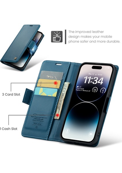 iPhone15 Pro Rfıd Engelleme Deri Stand Cüzdan Kılıfı Litchi Dokusu Parlak Telefon Kapak Mavisi (Yurt Dışından)