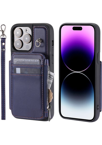 iPhone15 Plus Damla Geçirmez Pu Deri+Tpu Telefon Kılıfı Rfıd Bloking Cüzdan Kapağı Bilek Kayış Mavisi (Yurt Dışından)