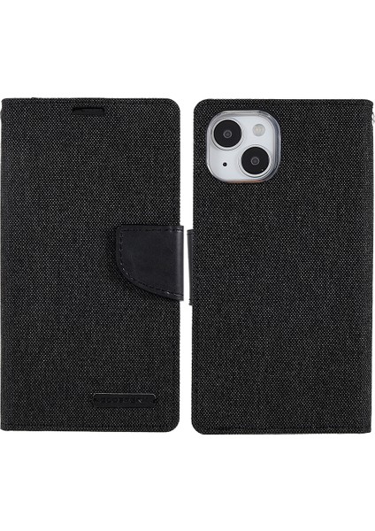 iPhone15 Plus Case Canvas Texture Pu Deri Stand Telefon Kapak Black (Yurt Dışından)