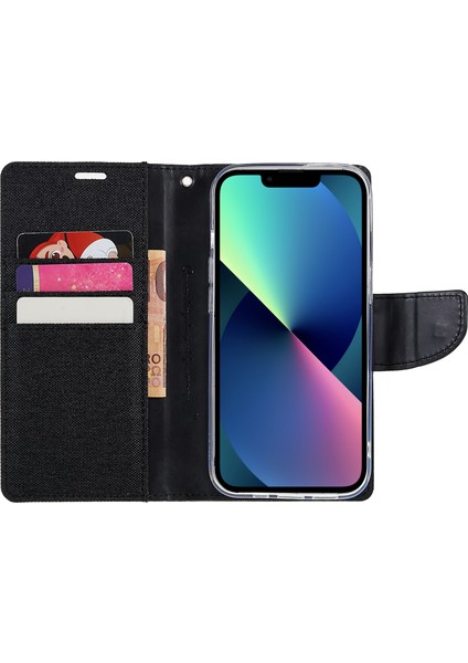 iPhone15 Plus Case Canvas Texture Pu Deri Stand Telefon Kapak Black (Yurt Dışından)