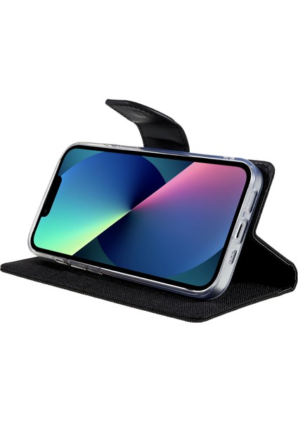 iPhone15 Plus Case Canvas Texture Pu Deri Stand Telefon Kapak Black (Yurt Dışından)
