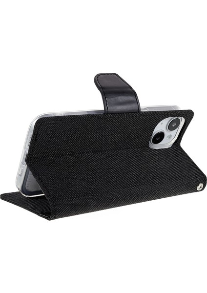 iPhone15 Plus Case Canvas Texture Pu Deri Stand Telefon Kapak Black (Yurt Dışından)