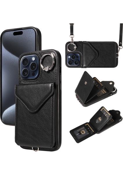 iPhone15 Pro Max Kılıf Kart Tutucu ile Kickstand Crossbody Telefon Kapak Black (Yurt Dışından)
