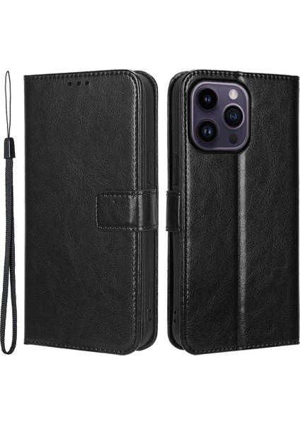 iPhone15 Pro Max Case Crazy Horse Doku Deri Deri Stand Anti-Fall Telefon Kapak Black (Yurt Dışından)