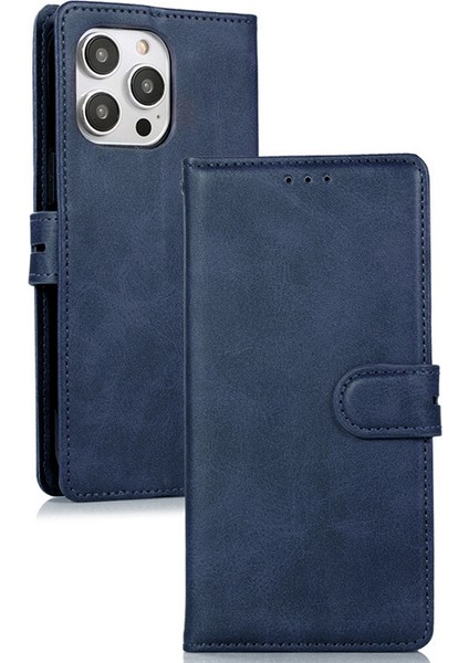 iPhone15 Plus Için Plus Pu Deri Telefon Kapağı Şok Geçirmez Buzağı Dokusu Telefon Standı Kabuk-Karanlık Mavi (Yurt Dışından)