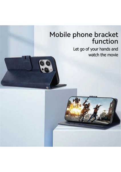iPhone15 Plus Için Plus Pu Deri Telefon Kapağı Şok Geçirmez Buzağı Dokusu Telefon Standı Kabuk-Karanlık Mavi (Yurt Dışından)