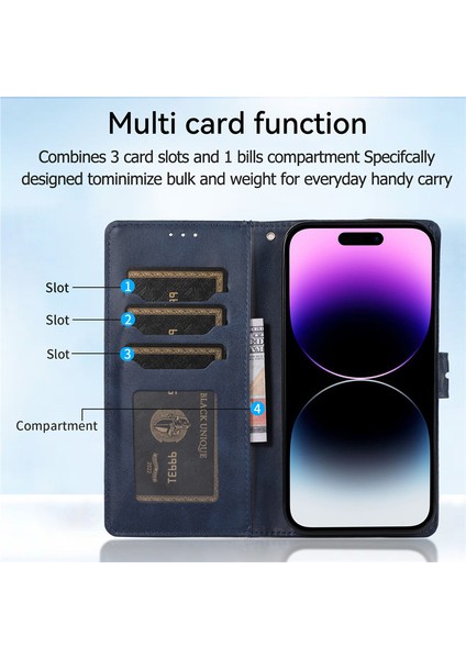 iPhone15 Plus Için Plus Pu Deri Telefon Kapağı Şok Geçirmez Buzağı Dokusu Telefon Standı Kabuk-Karanlık Mavi (Yurt Dışından)