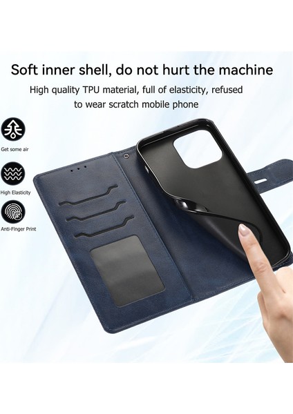 iPhone15 Plus Için Plus Pu Deri Telefon Kapağı Şok Geçirmez Buzağı Dokusu Telefon Standı Kabuk-Karanlık Mavi (Yurt Dışından)