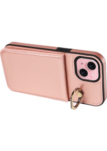iPhone15 Plus Için Case Litchi Doku Pu Deri+Tpu Cep Telefonu Kickstand Cover-Rose Altın (Yurt Dışından)