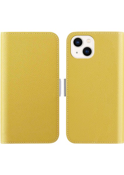iPhone15 Tam Sarılmış Telefon Kılıfı Stand Cüzdan Litchi Doku Şeker Renk Pu Deri Dergi Sarı Sarı (Yurt Dışından)