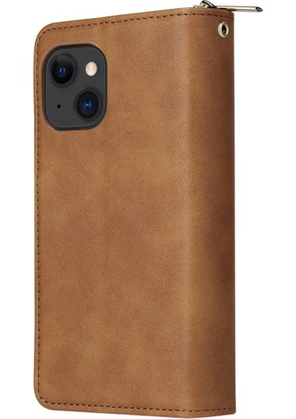 iPhone15 Plus Için 9 Kart Yuvası Pu Deri Telefon Kasası Fermuar Cep Standı Telefon Kapak Kahverengi (Yurt Dışından)