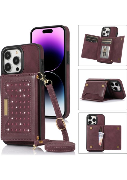 iPhone15 Pro Max Pu Deri+Tpu Kickstand Cover Rhinestone Dekor Cüzdan Rfıd Omuz Askılı Kırmızılı Telefon Kasası (Yurt Dışından)