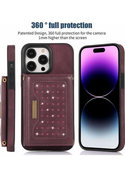 iPhone15 Pro Max Pu Deri+Tpu Kickstand Cover Rhinestone Dekor Cüzdan Rfıd Omuz Askılı Kırmızılı Telefon Kasası (Yurt Dışından)