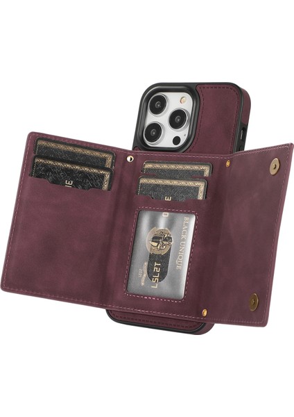 iPhone15 Pro Max Pu Deri+Tpu Kickstand Cover Rhinestone Dekor Cüzdan Rfıd Omuz Askılı Kırmızılı Telefon Kasası (Yurt Dışından)