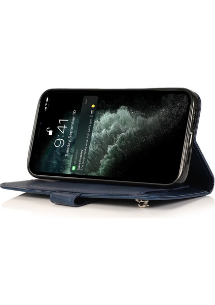 iPhone15 Plus Doku Dokusu Fermuar Cüzdan Stand Telefon Kapağı Pu Deri Kılıf 5 Kart Yuvası Mavisi (Yurt Dışından)