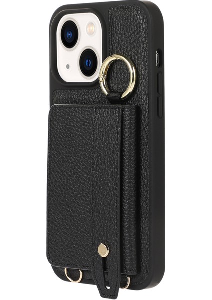Deri+Tpu Kabuğu iPhone15 Plus Kılıf Kart Kartı Yuvası Kickstand Kapak Omuz Kayışı Black (Yurt Dışından) indirimleri