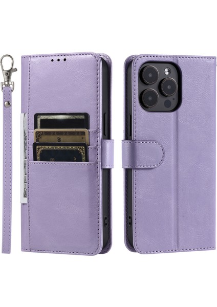 iPhone15 Pro Max Case Deri Telefon Kapağı Stand Stand Cüzdanı El Strap-Purple (Yurt Dışından)