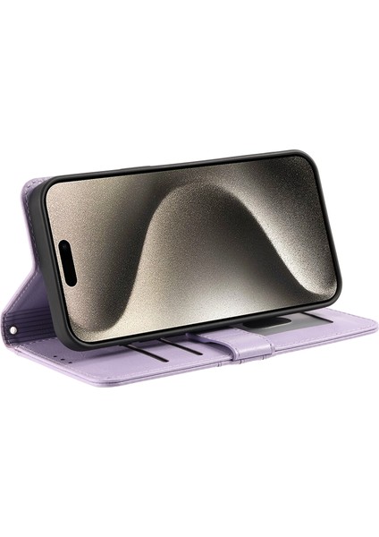 iPhone15 Pro Max Case Deri Telefon Kapağı Stand Stand Cüzdanı El Strap-Purple (Yurt Dışından)