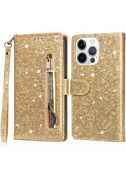 iPhone15 Pro Cüzdan Deri Telefon Kılıfı Zipper Cep Stand Glittery Telefon Kapağı-Sold (Yurt Dışından)
