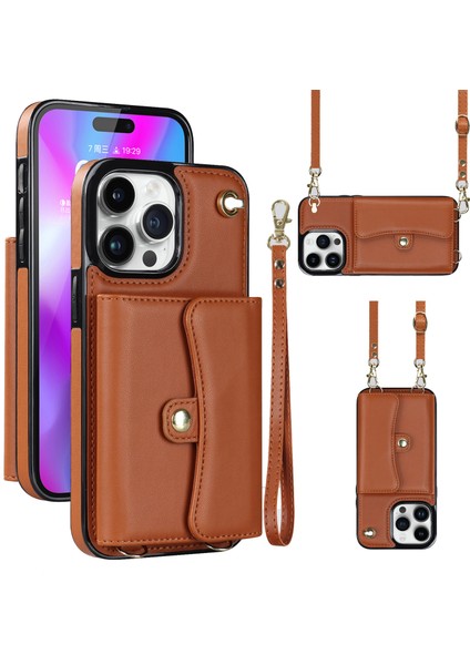 iPhone15 Pro Kart Yuvaları Için Telefon Kabuğu Kısa+Uzun Kayışlar Kamopu ile Ön Kara Deri+Tpu Kickstand Kapak (Yurt Dışından)
