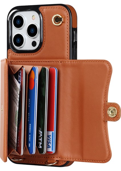 iPhone15 Pro Kart Yuvaları Için Telefon Kabuğu Kısa+Uzun Kayışlar Kamopu ile Ön Kara Deri+Tpu Kickstand Kapak (Yurt Dışından)