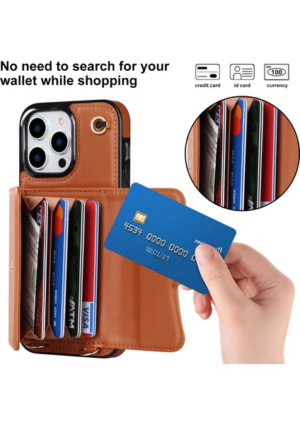 iPhone15 Pro Kart Yuvaları Için Telefon Kabuğu Kısa+Uzun Kayışlar Kamopu ile Ön Kara Deri+Tpu Kickstand Kapak (Yurt Dışından)