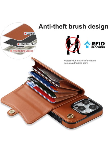 iPhone15 Pro Kart Yuvaları Için Telefon Kabuğu Kısa+Uzun Kayışlar Kamopu ile Ön Kara Deri+Tpu Kickstand Kapak (Yurt Dışından)