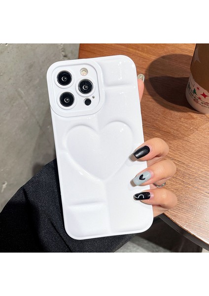 iPhone15 Pro Max Tpu Case Glitter Telefon Kapağı 3D Efektli Kalp Şekli-Beyaz (Yurt Dışından)