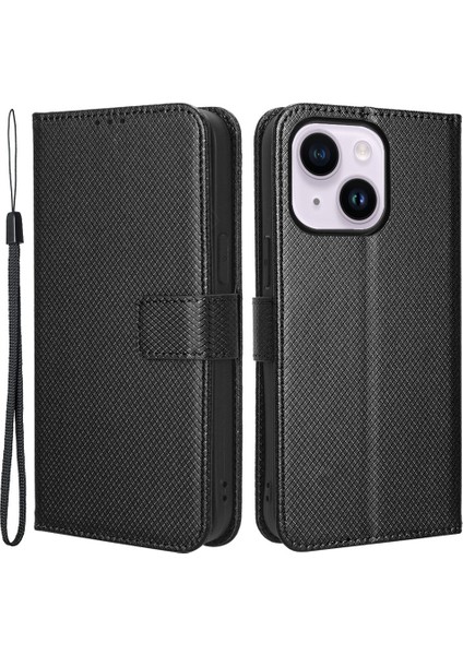 iPhone15 Plus Case Stand Standı Elmas Doku Anti-Çizelge Telefon Kapağı Deri Kabuk Black (Yurt Dışından)