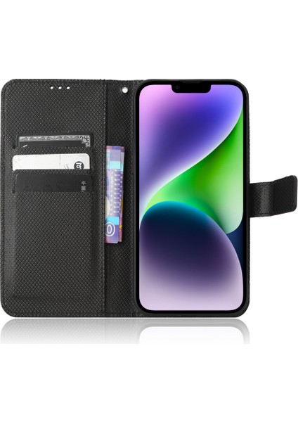 iPhone15 Plus Case Stand Standı Elmas Doku Anti-Çizelge Telefon Kapağı Deri Kabuk Black (Yurt Dışından)