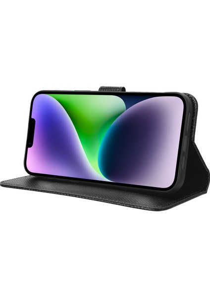 iPhone15 Plus Case Stand Standı Elmas Doku Anti-Çizelge Telefon Kapağı Deri Kabuk Black (Yurt Dışından)