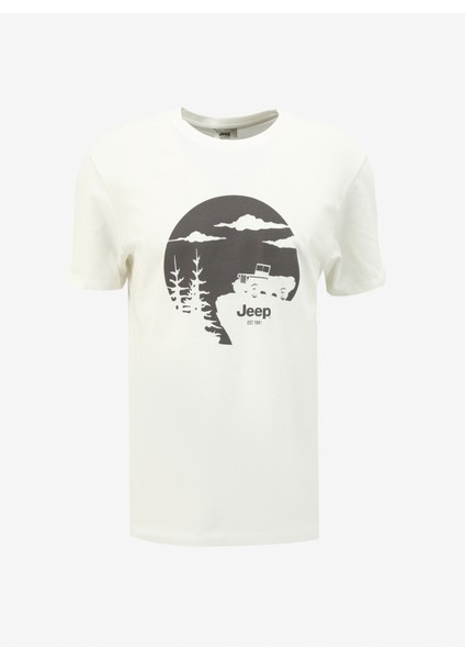 Bisiklet Yaka Baskılı Kırık Beyaz Erkek T-Shirt J4SM-TST7235