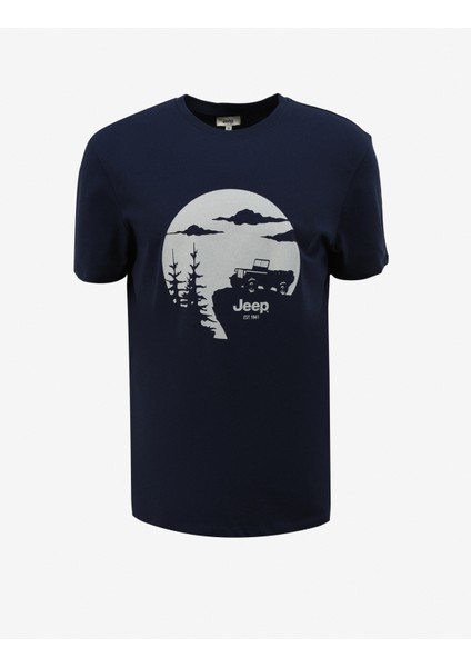 Bisiklet Yaka Baskılı Lacivert Erkek T-Shirt J4SM-TST7235