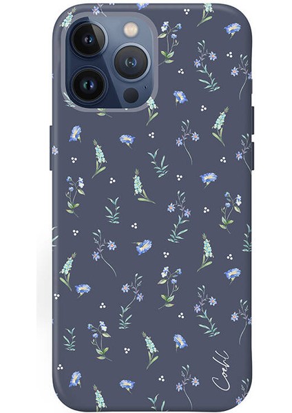 iPhone 15 Pro Max Uyumlu Kılıf Mini Çayır Çiçekleri Desenli Coehl Prairie Kapak Lacivert
