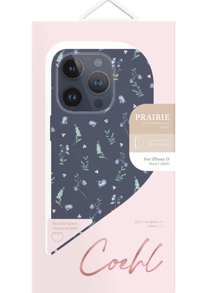 iPhone 15 Pro Max Uyumlu Kılıf Mini Çayır Çiçekleri Desenli Coehl Prairie Kapak Lacivert