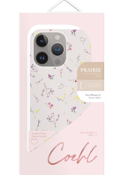 iPhone 15 Pro Uyumlu Kılıf Mini Çayır Çiçekleri Desenli Coehl Prairie Kapak Pembe Açık