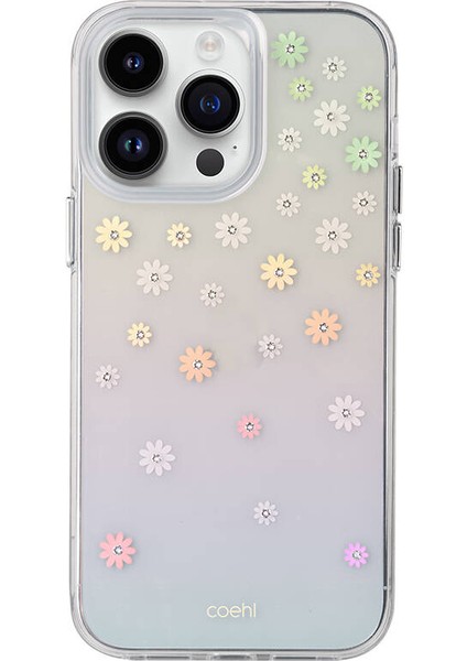 iPhone 14 Pro Max Uyumlu Kılıf Çiçek Desenli Taşlı Coehl Aster Kapak Pembe
