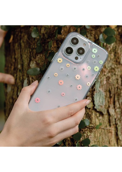 iPhone 14 Pro Max Uyumlu Kılıf Çiçek Desenli Taşlı Coehl Aster Kapak Pembe