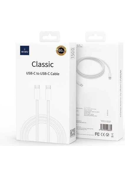 Type-C To Type-C Pd Kablo Wiwu WI-C032 Classic Serisi 60W Hızlı Şarj Özellikli 1.5m Beyaz