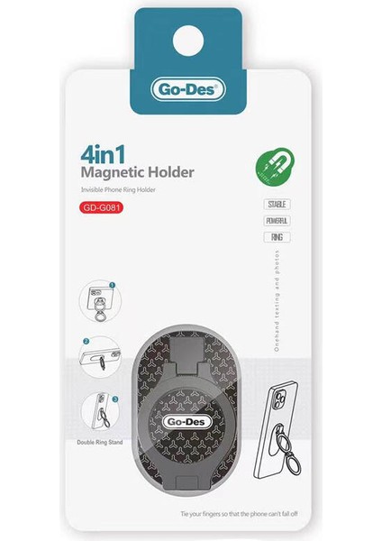 Telefon Için Standlı Magnetik Yüzük Tutucu Aparat Go Des GD-G081 4in1 Double Ring Siyah