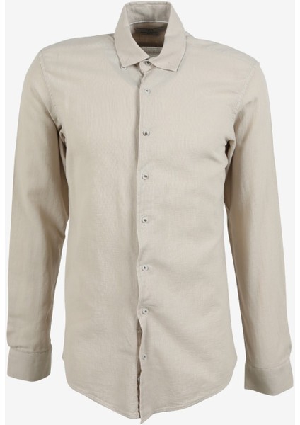 Slim Fit Düğmeli Yaka Düz Bej Erkek Gömlek GM1008400239