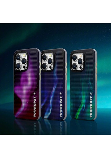 iPhone 15 Uyumlu Kılıf Kuzey Işıkları Desenli Youngkit Aurora Serisi Mor modelleri