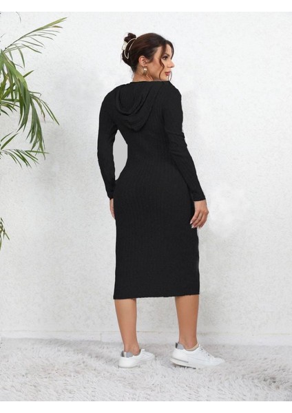 Kadın Uzun Kollu Kapüşonlu Şardonlu Kaşkorse Midi Boy Elbise indirimleri