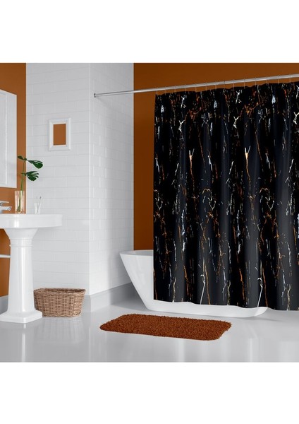 Tropik Home Duş Perdesi Çift Kanat 2X120X200CM Siyah Mermer Desen Banyo Perdesi 16 Adet C Halka Hediyeli