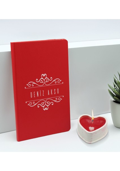 Kişiye Özel Isimli Kırmızı Defter ve Kalp Taş Obje Kokulu Mum Hediye Seti-9, Sevgiliye Hediye, Arkadaşa Hediye