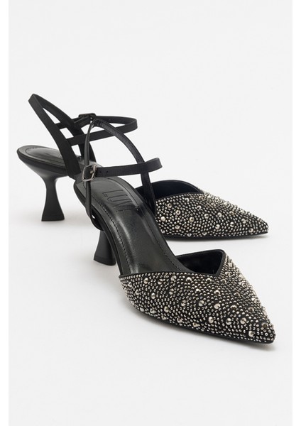 Vilka Siyah Saten Taşlı Sivri Burun Ince Topuklu Abiye Ayakkabı